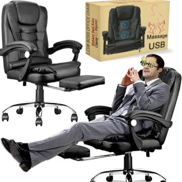 LC08 Black Leather-Style Ergonomic Office Chair with Massage and Footrest