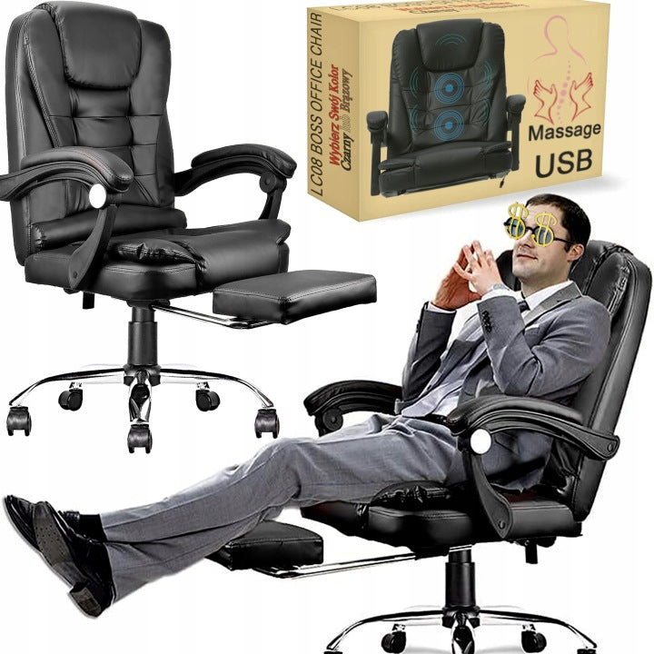 LC08 Black Leather-Style Ergonomic Office Chair with Massage and Footrest